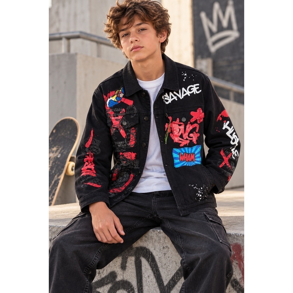 Sacred Crown Boys L 14-16 NWT Black Graffiti Denim Jacket Y2K Streetwear